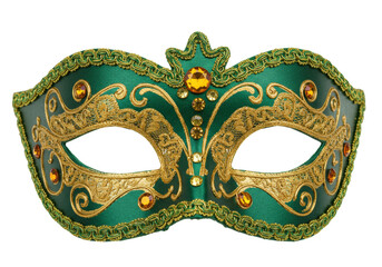 Isolated festive emerald-green masquerade eye mask, adorned with gold filigree and gems