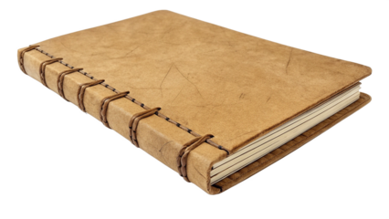 A vintagestyle leatherbound journal with exposed stitching, isolated on a transparent background