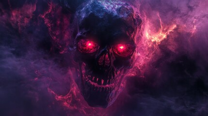 Skull with glowing red eyes in swirling smoke