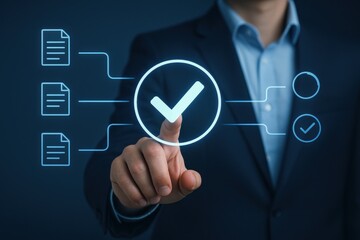 Business Professional Touching Check Mark Icon with Digital Documents on Dark Background for Approval or Validation