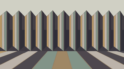 Obraz premium A geometric pattern with vertical stripes and triangular peaks in muted earth tone colors on a flat surface