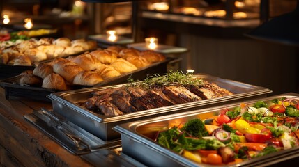 Gourmet buffet featuring roasted meats, fresh vegetables, and baked goods in an elegant setting