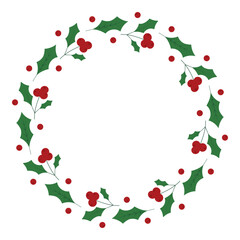 Christmas wreath with green holly leaves and red berries. Vector element for design of greeting card, sale, invitation, decor.