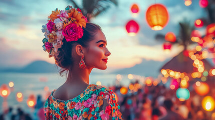 Captivating woman adorned with vibrant floral crown and colorful embroidered dress enjoys lively tropical sunset festival illuminated by glowing lanterns and bokeh lights.