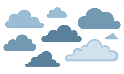 Cloudy Sky Vector Illustration: A Collection of Stylized Clouds in Various Shades of Blue and Grey, Representing Different Weather Conditions, Atmosphere, and Digital Cloud Computing