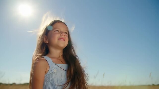 Child looking up at sunny sky