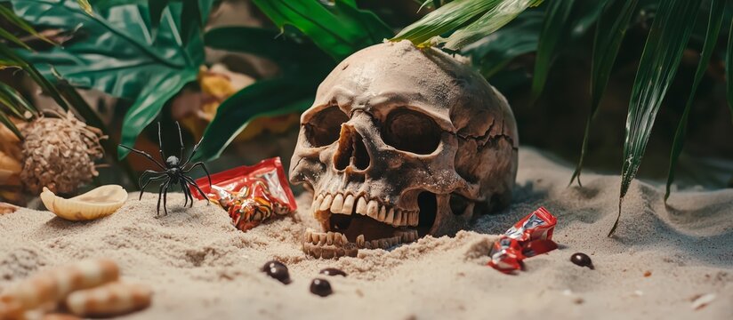 close-up of a realistic skull partially submerged in sand. A creepy human skull covered with sand, with a spider and scattered candy wrappers among palm leaves and shells.Halloween beach decoration. - Powered by Adobe