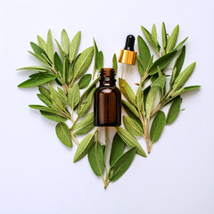 Oil Essential Sage Salvia officinalis, Amber glass bottle glass pipette border gold, in the shape of a heart, aromatherapy