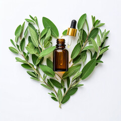 Salvia officinalis Óleo Essencial, Oil Essential Sage, Amber glass bottle glass pipette border gold, in the shape of a heart, Folhas de Salvia formato coração