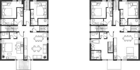 Detailed duplex house floor plan with labeled bedrooms, bathrooms, kitchen, dining areas, and living rooms for architectural and real estate design projects.