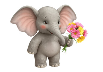 Isolated gray baby elephant holding pink and yellow daisies in a delightful cartoon pose