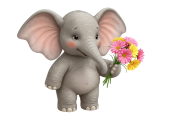 Isolated gray baby elephant holding pink and yellow daisies in a delightful cartoon pose