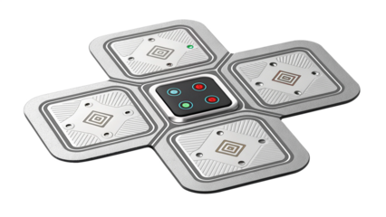 Four petal shaped electronic device with buttons isolated on transparent background