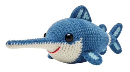 a blue and white swordfish toy with a long sword-like snout, made of crochet