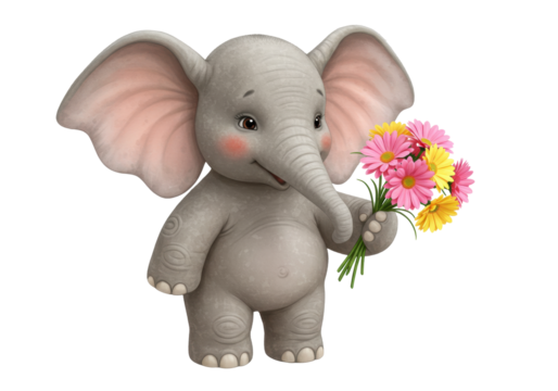 Isolated gray baby elephant holding pink and yellow daisies in a delightful cartoon pose