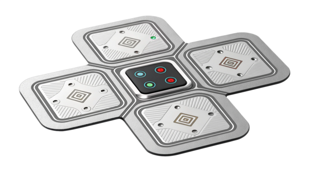 Four petal shaped electronic device with buttons isolated on transparent background - Powered by Adobe