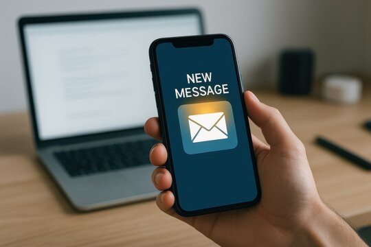Modern smartphone displaying new message notification in hand with laptop and workspace background