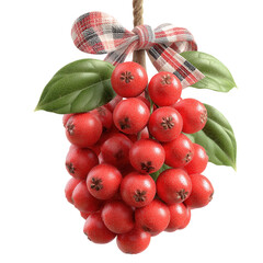 christmas decoration. Bunch of red berries with green leaves and a bow.