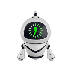 Vector cartoon 3d charging robot illustration. Realistic 3d render robot character with battery charging lightning indicator on face screen. Bot electric power technology, futuristic science concept.