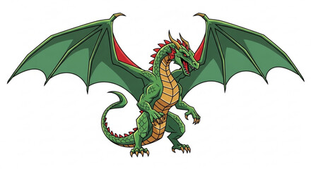 Obraz premium Illustration of a green dragon with red accents, wings spread, standing on its hind legs, a mythical creature design