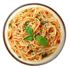 Delicious Spaghetti with Fresh Basil and Spices in a Clear Glass Bowl on transparent background