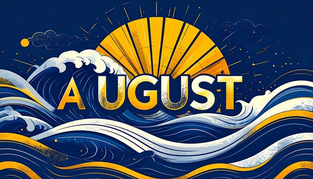Oceanic August banner with stylized waves and sun