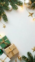White Christmas background with fir branches and green and gold decorations with copy space in the middle. Mockup design of New Year card. Top view of garland lights, gift boxes and balls. Text place.