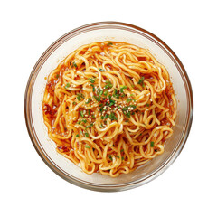 Delicious Spicy Noodles with Sesame and Chives in a Clear Bowl, Perfect for Quick Meals or Snacks on transparent background
