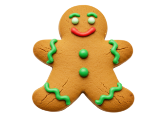 Isolated festive gingerbread man cookie with green trim and red smile holiday sweet