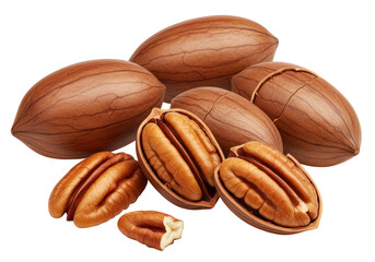 Isolated Pecans in and out of shell ready to eat food photography, group food ingredients
