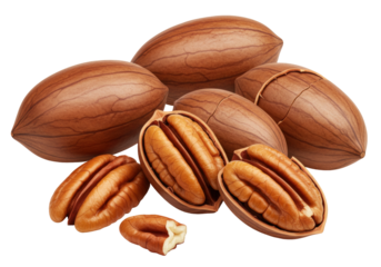 Isolated Pecans in and out of shell ready to eat food photography, group food ingredients
