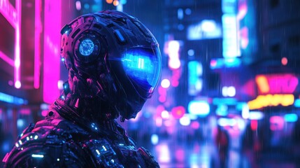 Futuristic person in cybernetic suit at night