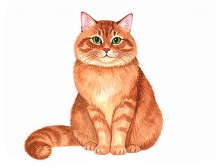 Orange cat with green eyes isolated on white background. Watercolor illustration