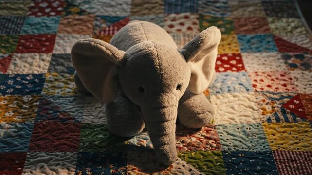 Cozy plush elephant toy resting on a vibrant handmade patchwork quilt blanket