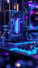 Close up of a computer motherboard with blue neon lighting