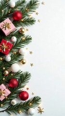 White Christmas background with fir branches and red, pink and gold decorations, copy space on the right. Mockup design of New Year card. Top view of garland lights, gift boxes and balls. Text place.
