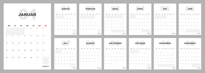 Germany 2026 calendar set of template monthly vertical pages. Minimalist planner week start on Monday. Germany Kalender Jahresplaner