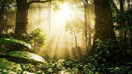 Sunlit Jungle Lush Greenery and Tropical Forest Ambiance. - Powered by Adobe