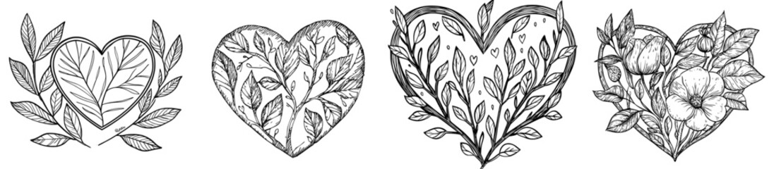 Obraz premium A silhouette of a heart surrounded by botanical leaves and hearts is perfect for romantic and decorative designs