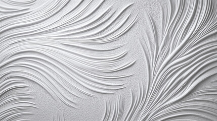 Smooth plaster wall with dynamic embossed pattern, abstract feather like texture, modern white interior design, elegant decorative surface, artistic relief, contemporary style