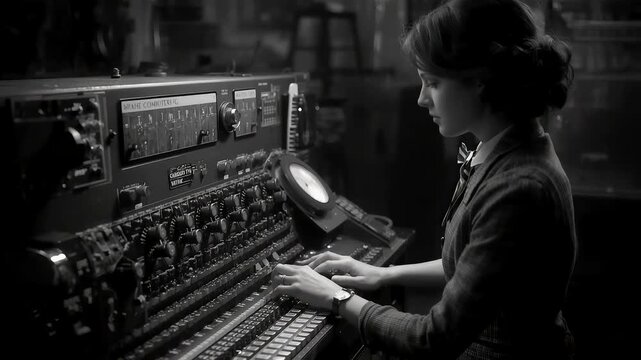 Woman operating vintage switchboard machine in monochrome lighting depicting historical communication technology and retro office atmosphere
