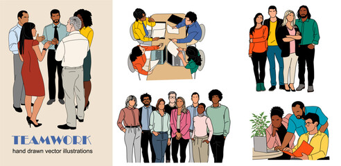 Hand-drawn vector illustration set of diverse business professionals collaborating in teamwork scenes. Modern, clean layout for corporate, marketing, and advertising design projects