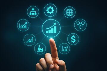 Fototapeta premium Hand Activating Growth Chart in Digital Interface with Business Icons Representing Analytics and Progress