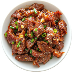 Delicious Spicy Beef Jerky with Green Onions in a White Bowl on transparent background