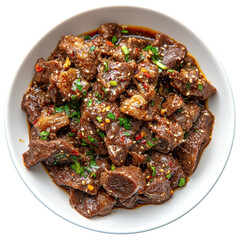 Savory Asian-style beef stir-fry with vegetables, rich flavors, and a glossy sauce served in a bowl on transparent background
