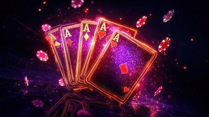 Poker hand with four aces and poker chips
