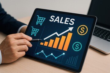 Business Person Analyzing Sales Graphics on Tablet with Shopping Cart and Financial Symbols for Growth Strategy