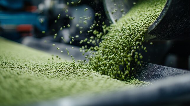 Innovative bioplastic production line showcasing eco-friendly granules in modern facility - Powered by Adobe