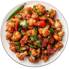 Spicy Cauliflower Stir-Fry with Peppers and Cilantro in a Vibrant Dish on transparent background