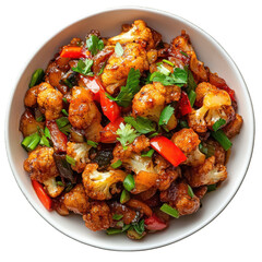 Spicy Cauliflower Stir-Fry with Bell Peppers and Cilantro in a Bowl on transparent background